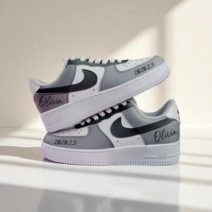 Custom Gray Air Force 1 Sneakers: Personalized Name & Date, Handmade AF1 Design