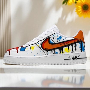 Custom Black Drip Air Force 1 Sneakers, Hand Painted Cartoon Line AF1, Sketch Style Custom Shoes, Unique Personalized Sneakers