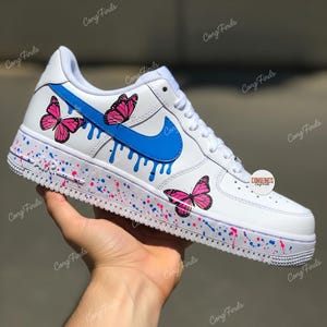 Custom Pink Butterfly Air Force 1, Custom Blue Swoosh Sneakers, Hand Painted AF1 Shoes, Aesthetic Sneaker Gift