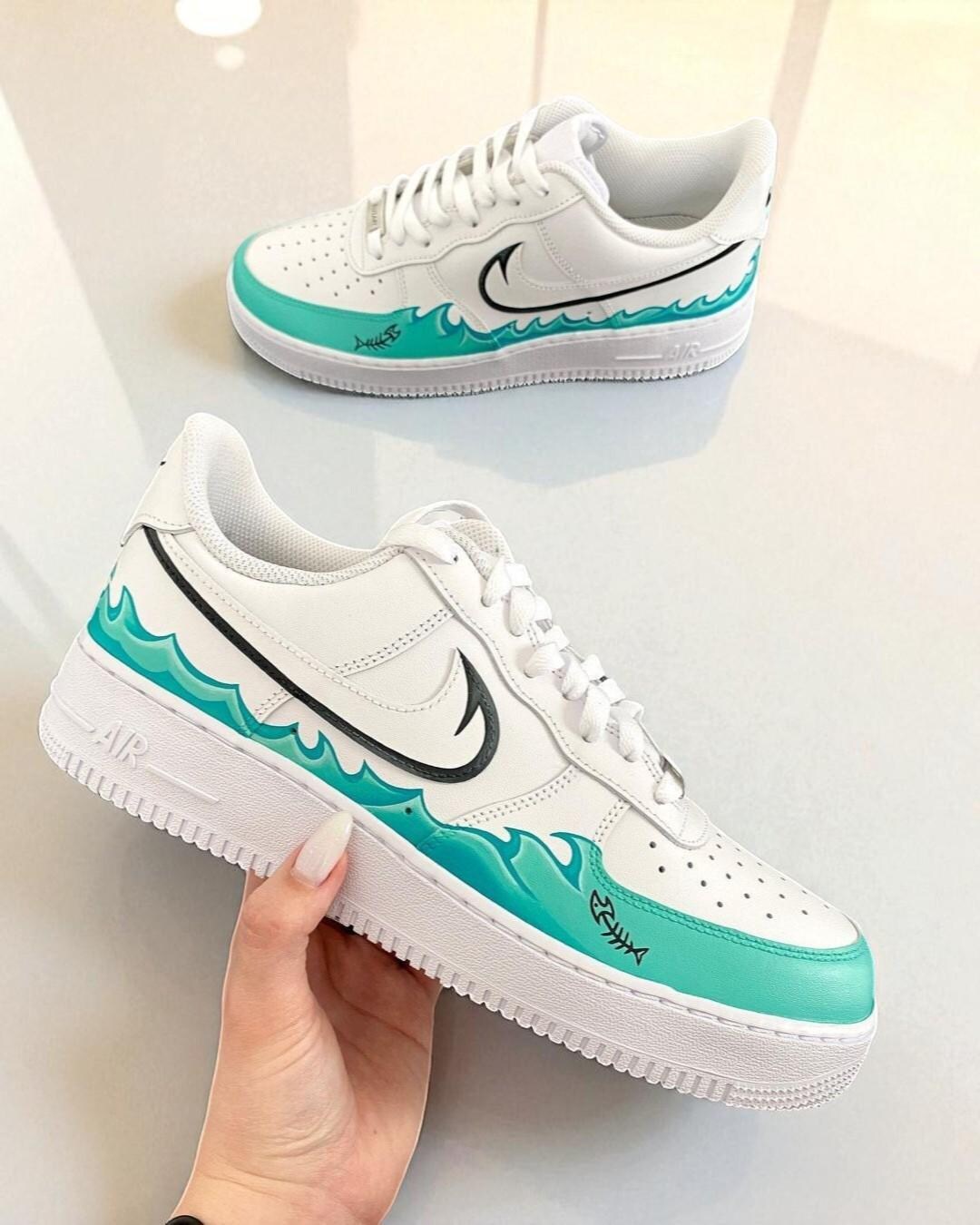 Custom Ocean Wave Air Force 1 Sneakers, Hand Painted Turquoise Blue AF1 ...