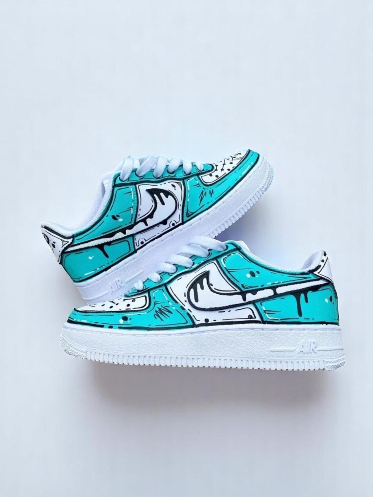 Custom Blue Drip Air Force 1 Sneakers: Hand-Painted Cartoon AF1 Shoes