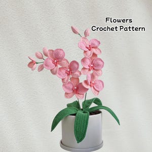 Orchideebloem haakpatroon pdf, realistisch gehaakte orchidee zelfstudie, doe-het-zelf bloemstuk voor interieurdecoratie, gehaakte mand met bloemen