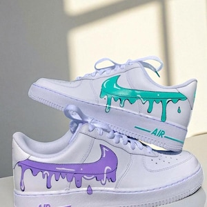 Hand-Painted Drip Swoosh Air Force 1 Sneakers: Custom Purple Teal Donut Shoes