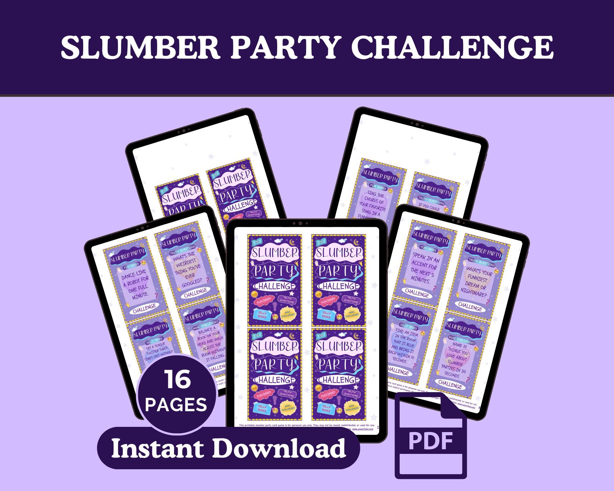 Slumber Party Game, Sleepover Challenge Cards, Girls Night Party Game, Printable Party Game, Fun Slumber Party Activity