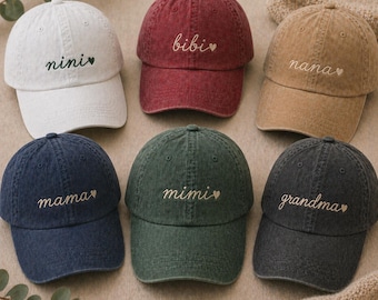 Personalisierter gestickter Mama Hut, Mimi Nana Oma Hut, Benutzerdefinierte Namen Hut mit Herz, Vintage gewaschener Dad Hut, Muttertagsgeschenk