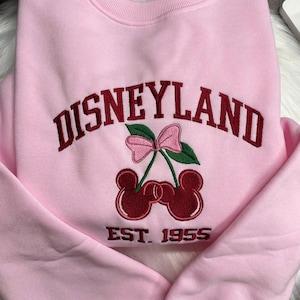Disneyland Est 1955 Coquette Pink Mickey & Minnie Cherry Embroidered Sweatshirt, Mickey Mouse Embroidered Sweatshirt, Disneyland Sweatshirt