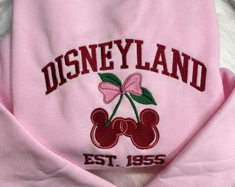Disneyland Est 1955 Coquette Pink Mickey & Minnie Cherry Embroidered Sweatshirt, Mickey Mouse Embroidered Sweatshirt, Disneyland Sweatshirt