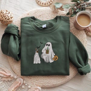 Embroidered Ghost Dog Sweatshirt Embroidered Halloween Ghost Dog Crewneck Halloween Dog Sweater Fall Shirt For Women Spooky Season