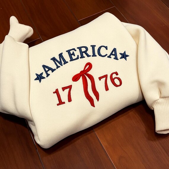 Embroidered Coquette Bow 1776 Crewneck Sweatshirt | Cute Americana Independence Day, 4th of July Top | Patriotic Cute Top | 4th-Of-July Tee