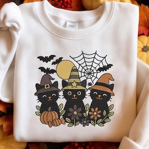 Halloween Black Cat Embroidery File, Witch Hat Pumpkin Spider Web Design, Machine Embroidery Pattern, Fall Digital Download