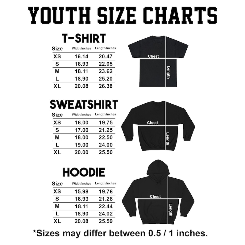 Może przedstawiać: Tabela rozmiar&oacute;w dla dzieci dla t-shirt&oacute;w, bluz i bluz z kapturem. Tabela zawiera wymiary w calach dla szerokości i długości, w rozmiarach od XS do XL. Tekst "Sizes may differ between 0.5 / 1 inches" jest r&oacute;wnież uwzględniony.