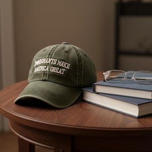 Könnte beinhalten: Eine olivgrüne Baseballkappe mit dem weißen Text "Immigrants Make America Great". Die Kappe liegt auf einem Holztisch neben einer Brille und zwei blauen Büchern.