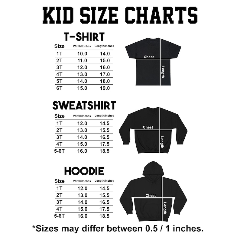 Może przedstawiać: Tabela rozmiar&oacute;w dla dzieci dla t-shirt&oacute;w, bluz i bluz z kapturem. Tabela zawiera wymiary w calach dla szerokości i długości, w rozmiarach od 1T do 6T. Zawiera r&oacute;wnież tekst "Rozmiary mogą się r&oacute;żnić o 0,5 / 1 cala".