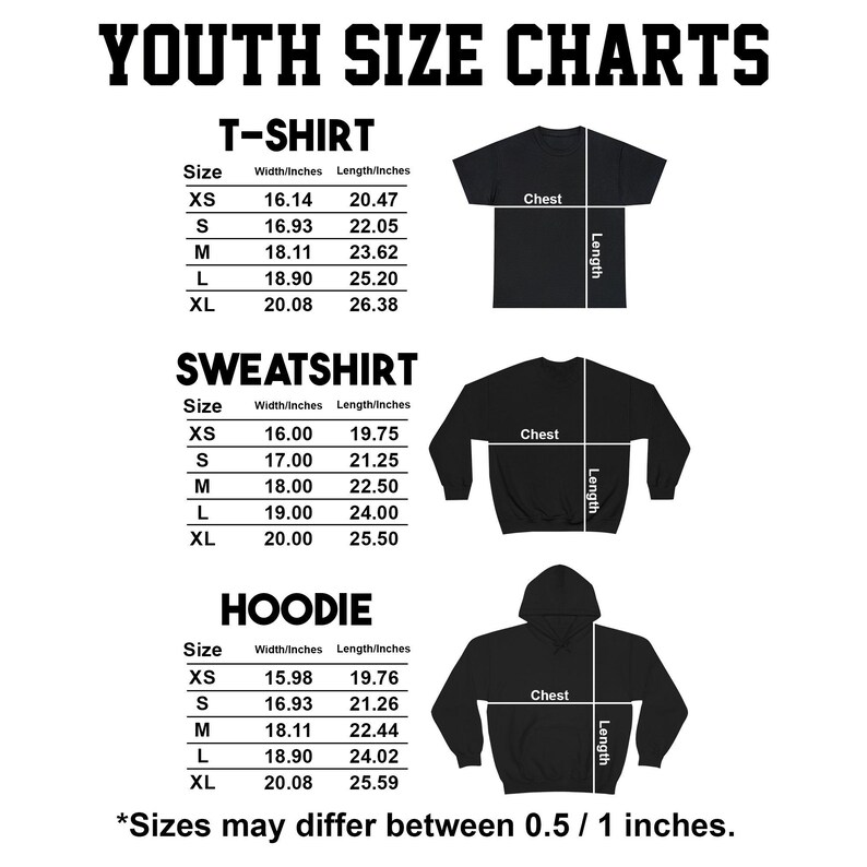 K&ouml;nnte beinhalten: Eine Jugend-Gr&ouml;&szlig;entabelle f&uuml;r T-Shirts, Sweatshirts und Hoodies. Die Tabelle enth&auml;lt Ma&szlig;e in Zoll f&uuml;r Breite und L&auml;nge sowie Diagramme, die die Messpunkte veranschaulichen. Der Text "Sizes may differ between 0.5 / 1 inches" ist ebenfalls enthalten.