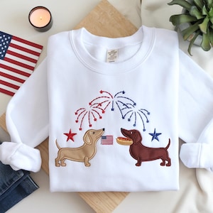 Patriotic Dachshunds Embroidered SweatShirt, 4th of July Pup Shirt, USA Flag Pet Shirt, Independence Day Cute Shirt For Dog Mom