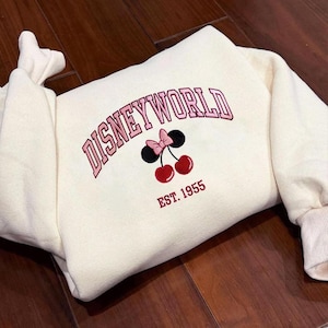 Disneyland Est 1955 Coquette Pink Mickey & Minnie Cherry Embroidered Sweatshirt, Mickey Mouse Embroidered Sweatshirt, Disneyland Sweatshirt