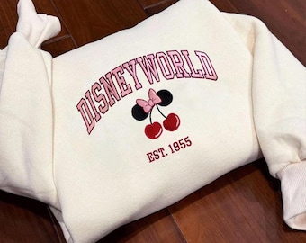 Disneyland Est 1955 Coquette Pink Mickey & Minnie Cherry Embroidered Sweatshirt, Mickey Mouse Embroidered Sweatshirt, Disneyland Sweatshirt