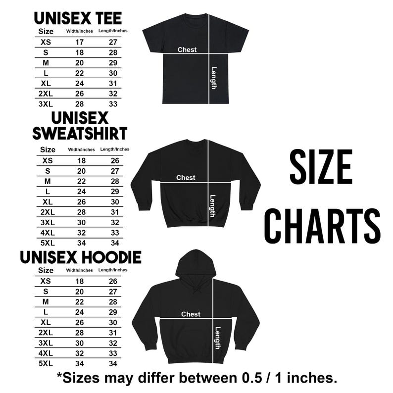 K&ouml;nnte beinhalten: Gr&ouml;&szlig;entabellen f&uuml;r Unisex-T-Shirts, Sweatshirts und Hoodies. Die Tabellen zeigen Brust- und L&auml;ngenma&szlig;e in Zoll f&uuml;r die Gr&ouml;&szlig;en XS bis 5XL. Der Text "Gr&ouml;&szlig;en k&ouml;nnen um 0,5 / 1 Zoll abweichen" steht unten.