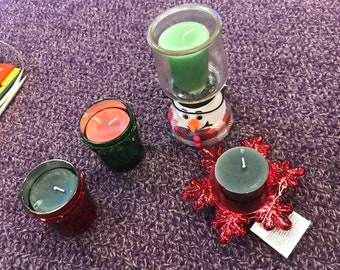 Glass votive/ candle holders red, green, snowflake, snowman, or pumpkin