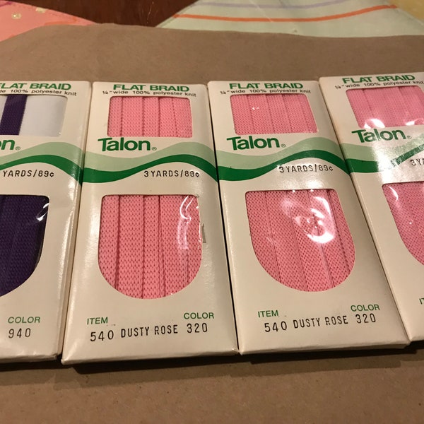 NIP Talon Knit Tubular Flat Braid Vintage Trim 1/4" Wide x 3 Yards pink or purple