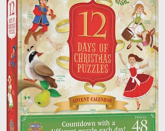 May include: A Christmas-themed puzzle advent calendar box with the text "12 Days of Christmas Puzzles." The box features illustrations of characters from the Christmas carol, including pipers, maids, and dancers. The box also says "Countdown with a different puzzle each day!" and "48 Piece Puzzles."