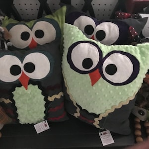 Cute owl decorative pillow / assorted colors & fabrics/ velour rick rack/plain color or striped back / approximately 12” x 15”