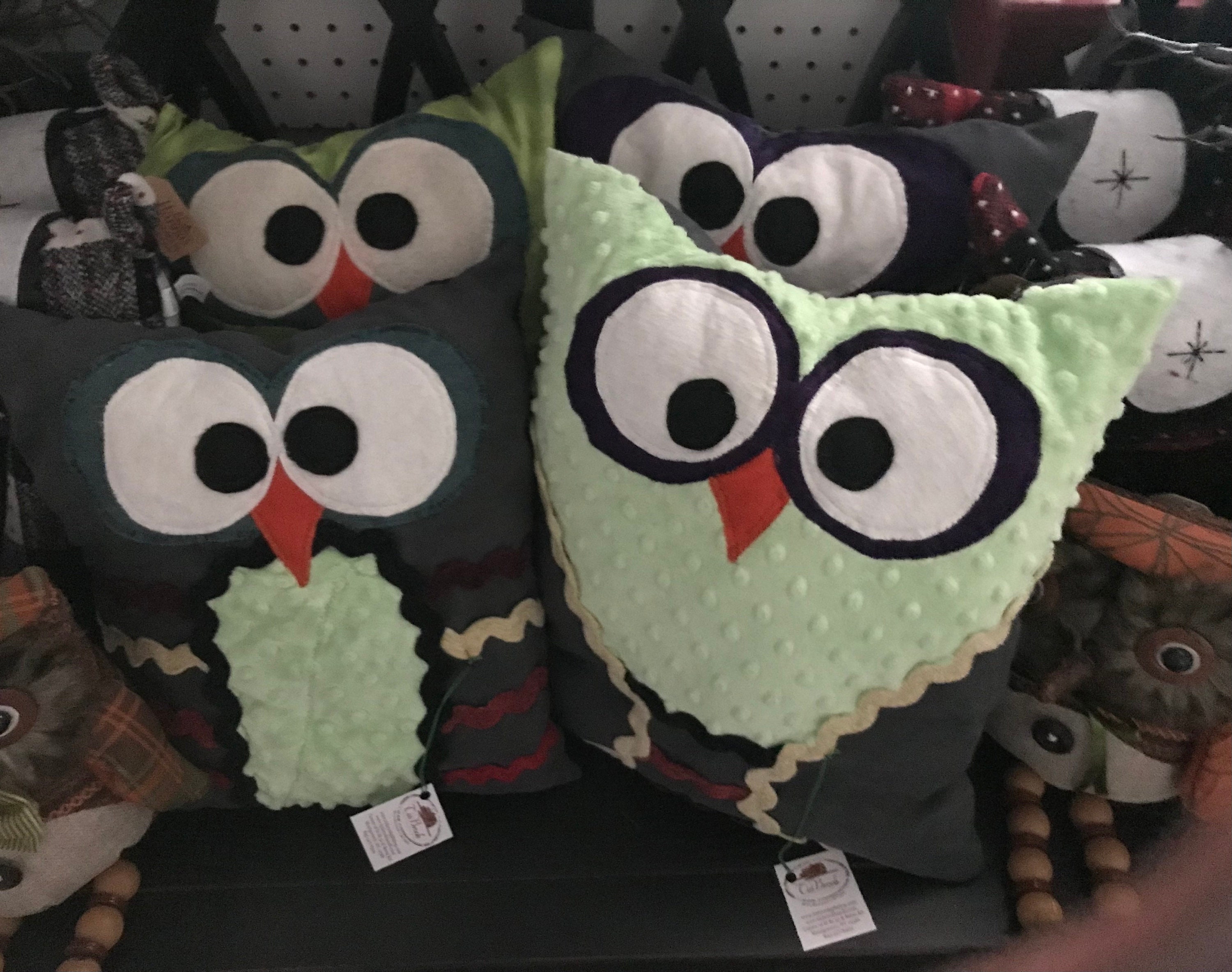 Cute owl decorative pillow / assorted colors & fabrics/ velour rick rack/plain color or striped 