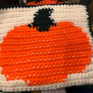 Puede incluir: Un salvamanteles de ganchillo hecho a mano con un diseño de calabaza. La calabaza es naranja con un tallo verde oscuro, sobre un fondo blanco. Los bordes están ribeteados con hilo verde oscuro, creando un accesorio de cocina de temática otoñal.
