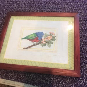 Finished and framed bird with flowers  counted cross stitch - framed/ribbon mat 12 x 8” - gift for bird lover