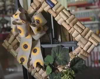 Sunflower and  wine cork Wreath - Diamond /square shaped - wine lover gift