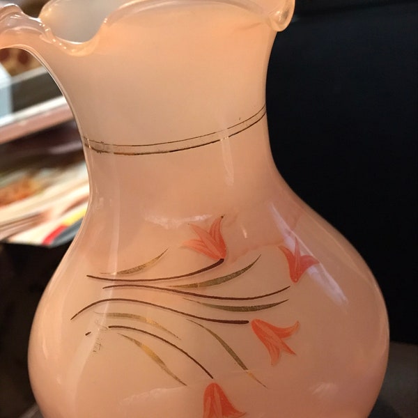 Vintage hand paints peach vase - small coral color tulips signed by Anita