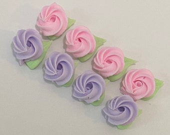 150 mini rosettes( 75 light pink and 75 light purple) royal icing flowers Approx.size 1/2”