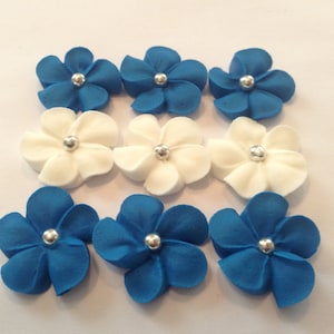 100 royal icing flowers (50 ivory, 50 royal blue) Approx. size 3/4” with silver sugar center.