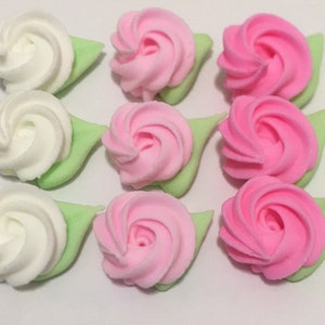 150 mini rosettes white and two shades of pink royal icing flowers Approx.size 1/2”