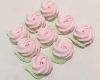 100 mini pale pink  rosettes white pale green leaf  royal icing flowers Approx.size 1/2”