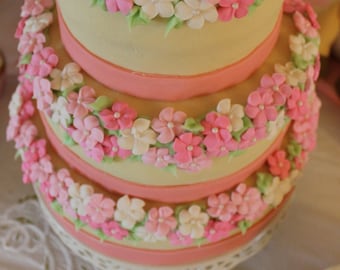 100 royal icing flowers( three shades of pink) Approx. size 3/4” with pearl sugar center