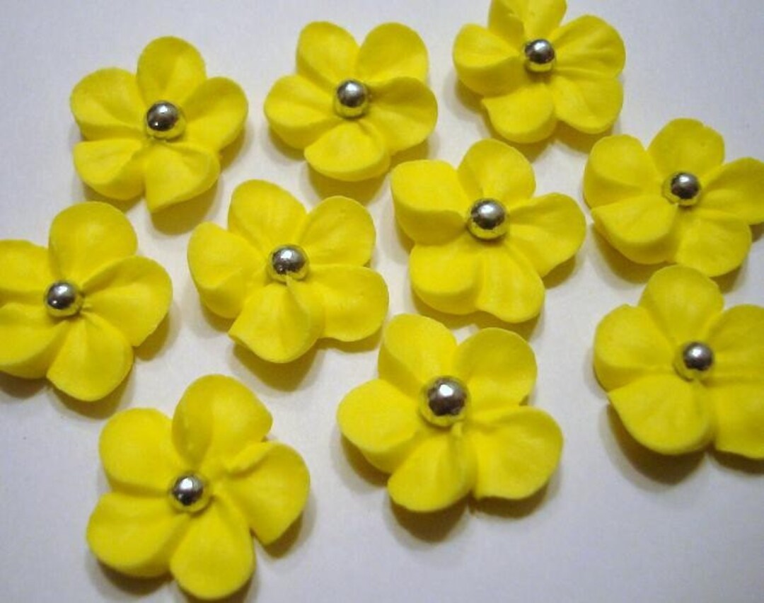 100 Yellow Royal Icing Flowers Approx. Size 3/4 With Silver Sugar