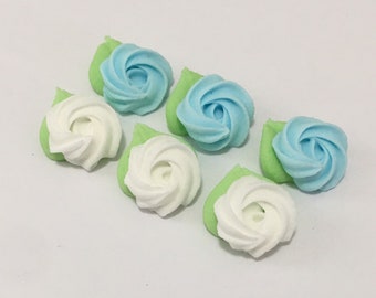 100 mini rosettes(50 white 50 blue) royal icing flowers Approx.size 1/2”