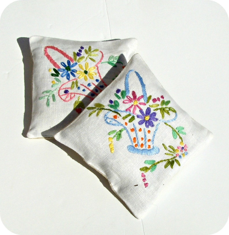 Vintage embroidered linen lavender sachet blue and pink set image 1