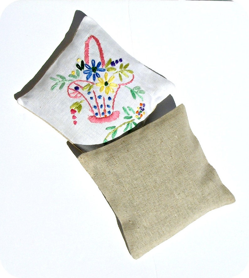 Vintage embroidered linen lavender sachet blue and pink set image 2