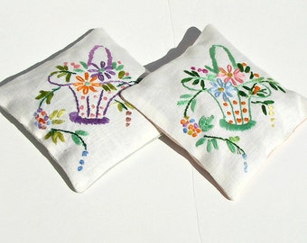 Vintage embroidered linen lavender sachet - lilac and green set