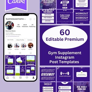 May include: A set of 60 purple and white Instagram post templates for a gym supplement business. The templates feature motivational quotes, workout tips, and giveaway announcements.