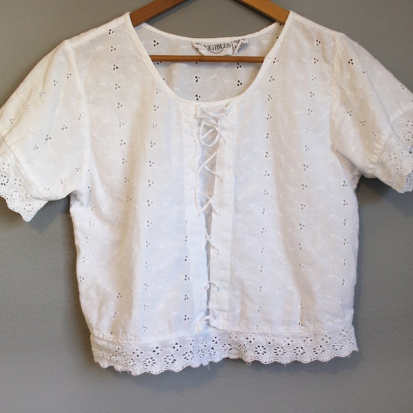 White Eyelet Crop Top Vintage Peasant Prairie Medium