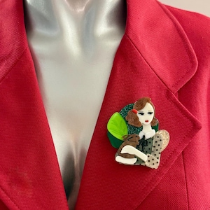 Vhimsical Girl & Rabbit Brooch - Unique Acrylic Statement Pin - Animal Lover Gift