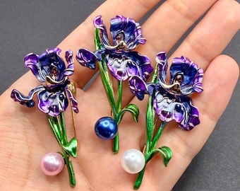 Enamel Purple Iris Brooch, Faux Pearl Botanical Pin Vintage Style Jewelry