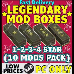 May include: Image features four olive green boxes with gold star emblems, labeled "LEGENDARY MOD BOXES." Text includes "1-2-3-4 STAR (10 MODS PACK)" and "PC ONLY." The background is red with yellow text and stars.