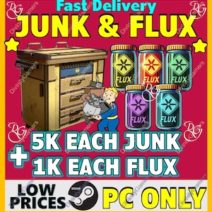 Puede incluir: Imagen con un cofre de almacenamiento amarillo y marrón, seis frascos etiquetados "FLUX" y un personaje de dibujos animados. El texto incluye "JUNK & FLUX", "5K EACH JUNK + 1K EACH FLUX" y "PC ONLY". El fondo es rojo.