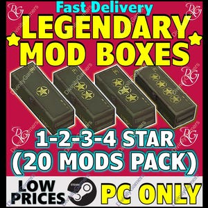 May include: Image features four olive-green boxes with gold star emblems, labeled "LEGENDARY MOD BOXES." Text includes "1-2-3-4 STAR (20 MODS PACK)" and "PC ONLY." The background is a vibrant red with additional text: "Fast Delivery" and "LOW PRICES."