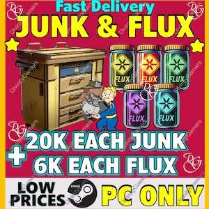 May include: Image featuring a tan chest with drawers, labeled "JUNK & FLUX." Six jars of "FLUX" in various colors are displayed. The text "20K EACH JUNK + 6K EACH FLUX" is also visible. The image has a red background.