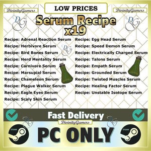 Könnte beinhalten: Ein digitales Bild einer Videospiel-Gegenstandsauflistung für 19 verschiedene Serumrezepte. Das Bild zeigt eine grüne Zaubertrankflasche, ein Häkchen und den Text "Serum Recipe x19" in einem gelben Kasten. Der Text "Fast Delivery" und "PC ONLY" ist ebenfalls auf dem Bild zu sehen.